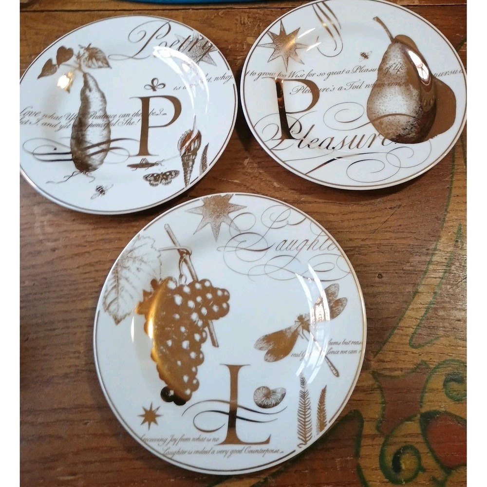 Pottery Barn Dessert/Salad Plates White With‎ Gold Poetry Pleasure Laughter